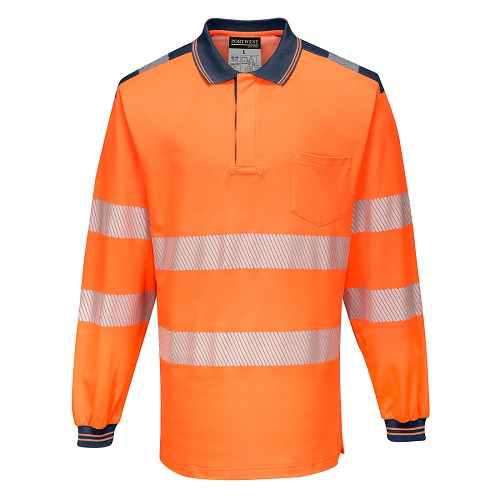 Portwest T184 PW3 Hi Vis Polo Shirt Long Sleeved Orange / Navy Small