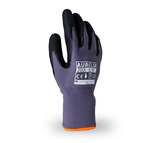 Aurelia 203 Grey Nylon Spandex Glove with a Black Nitrile Foam Coating Size 7